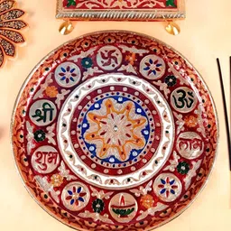 apka mart  Red & Green Textured Shubh Labh Design Pooja Plate-image-42