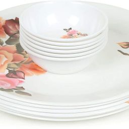 White Base Printed Melamine Full Size Round Dinner Plate & Veg. Bowl (Set of 6 Both; 11 Inches) Half Plate-69