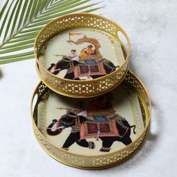Brass Elephant Print Round Tray (Microwave Safe) PACK OF 2 Tray Serving Set Plate Serving Set-8