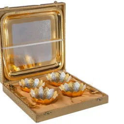 German Silver, Silver Gold Plated Traditional Bowl Set of 9 Pcs with Velvet Box Bowl, Spoon, Tray Serving Set-picture-22