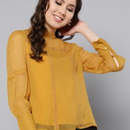 Casual Cuffed Sleeves Solid Women Yellow Top-image-93