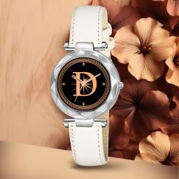 prominent letter 'D' on Silver dial White Leather Casual,Formal,Party,Wedding Analog Watch - For Girls GEN-SL-ALPHA-D-WHT-L-1-image-2