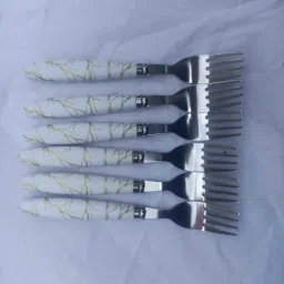 White Ceramic Solid Handle Marble Dinner Fork (Pack of 6 Ceramic, Stainless Steel Dinner Fork Set-11