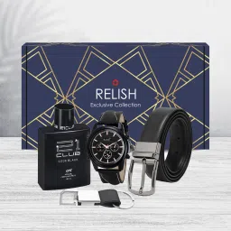 Black Watch, Perfume, Belt and keychain Combo for Men .Diwali Gift for Brother Paper Gift Box-image-2