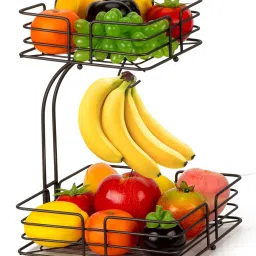 2 Tier Countertop Fruit Vegetables Basket Bowl Storage With Banana Hanger Iron Fruit & Vegetable Basket-image-13