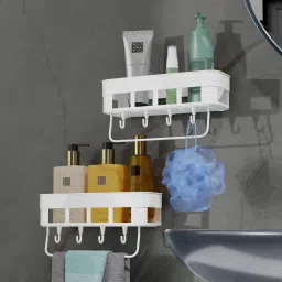 Self Adhesive Wall Mounted Plastic Bathroom Shelf and Towel Hanger with Hook Plastic Wall Shelf-image-58