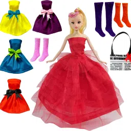 Cute Face Doll with Red Frock, 4 Doll Dresses, 3 Pair Doll Socks and 1 Bag-image-8