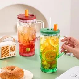 Glass Coffee Mug with Straw Green Tea Sipper Tumbler Mugs with Lid - Pack of 1-image-73