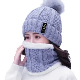 women Winter Woolen Beanie Cap with Scarf Set Stretch Warm(Inside Fur) Lining Winter caps for girls Winter Cap for Women Stylish Latest Beanie-22