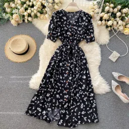 Women Fit and Flare Black, White Midi/Calf Length Dress-image-69