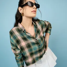 chimpaaanzee Women Oversized Fit Checkered Spread Collar Casual Shirt-picture-34