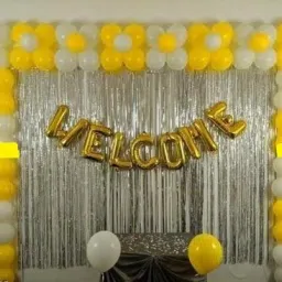 Solid 1 Golden Welcome Foil,20 Yellow and 20 White Balloons,2 Silver Fringe Curtains Balloon-15