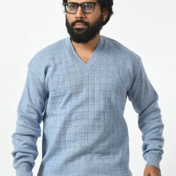 Men Self Design V Neck Light Blue Sweater-image-40