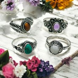 HEDAAZ Oxidised Combo of 4 Boho Silver Plated Rings Brass Cat's Eye, Amethyst, Turquoise, Moonstone 999 Silver Plated Ring Set-image-33