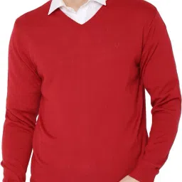 Men Self Design V Neck Red Sweater-image-2