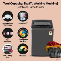 lg 8 kg 5 Star, Smart Inverter Technology, TurboDrum, Smart Diagnosis with Soft Closing Door Fully Automatic Top Load Black image 2