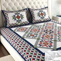 300 TC Cotton Double Jaipuri Prints Fitted (Elastic) Bedsheet-12