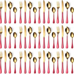 48Pcs Golden Cutlery Set with Spoon, Fork, Butter Knife & Desert Spoon - Red Stainless Steel Cutlery Set-image-19