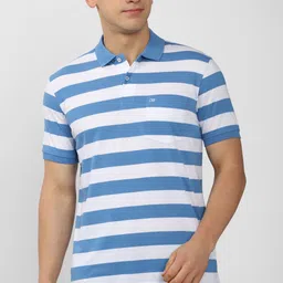 peter england Men Striped Polo Neck Pure Cotton Blue T-Shirt-picture-29