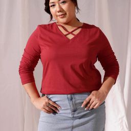 Women Solid V Neck Cotton Blend Red T-Shirt-image-66