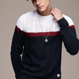 Men Colorblock Round Neck White Sweater-image-41