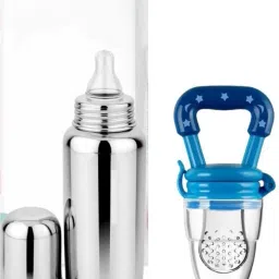 Baby Steel Milk Feeding Bottle Nipple 2 Fruit Feeder Nibbler 1 Figure Brush - 240 ml-8