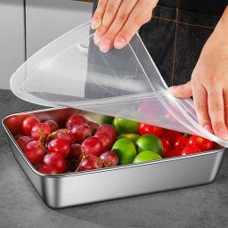Stainless Steel Square Food Tray with Lid, Rectangle Food Storage Box Container Plate Serving Set-17