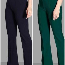 Pack of 2 Women Flared Dark Blue, Green Lycra Blend Trousers-image-44