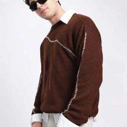 Men Self Design Round Neck Brown Sweater-picture-20