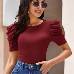 popwings Casual Puff Sleeves Self Design Women Maroon Top-picture-6