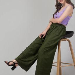 Women Regular Fit Dark Green Viscose Rayon Trousers-image-61