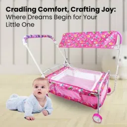 steeloart Cradle With Swing And Mosquito Net With comfortable from Handle (Pink) Cot image 3