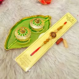 Religious Designer Rakhi with Roli Chawal & Leaf Thali – Raksha Bandhan Gift Set Pearl Rakhi, Chawal Roli Pack, Thali Set-13