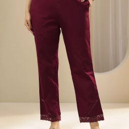 Women Straight Fit Maroon Cotton Blend Trousers-image-18