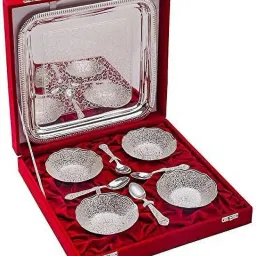 Silver Plated 4 Round Bowl, 4 Spoon & Tray With Box' Bag | For Dry Fruit Bowl Serving Set-image-47