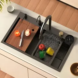 Waterfall Kitchen Sink with Integrated Waterfall Faucet, and Nano Coating Kitchen Sink (30x18x9 inches) Vessel Sink-image-5