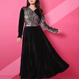 Embellished Velvet Stitched Flared/A-line Gown-image-13