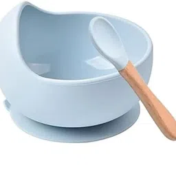 Self-Feeding Silicone Baby Bowl & Spoon, Curved Walls (BLUE)- Silicone-image-32