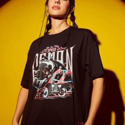 Women Printed, Typography Round Neck Pure Cotton Black T-Shirt-image-2