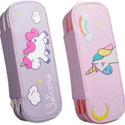 Double-Layer Pencil Pouch, Stationery Box Cute School Kids (Random Design) UNICORN PRINT, SPACE PRINT Art Artificial Leather Pencil Box-picture-25