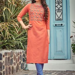 Women Embroidered Cotton Blend, Cotton Rayon Straight Kurta-image-2