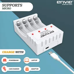 Envie Fast Charger ECR 20MC with Rechargeable Batteries | for AA & AAA Ni-Cd & Ni-mh Rechargeable Batteries with LED Indicator | Compatible with Power Banks | Car Charger | Laptop | Travel Adapter (ECR 20 MC+4xAA1000)Camera Battery Charger image 3