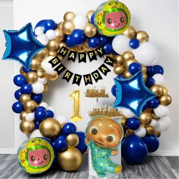 Cocomelon Blue Gold 1st Birthday Decoration Kit Foil Balloons & Banner for Kids-image-70