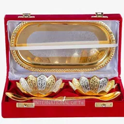 Gold Lotus Bowl Set With Embossed Tray And Spoon, 3.5 Inch Each Bowl Full Brass With Red Velvet Box (Set of 5 Pieces, Golden) Bowl Serving Set-image-62