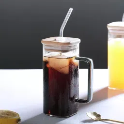 (Pack of 2) Transparent Glass Tumbler with Lid & Straw Reusable Cup with Handle Glass Water/Juice Glass-image-52
