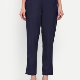 Women Regular Fit Dark Blue Pure Cotton Trousers-image-64