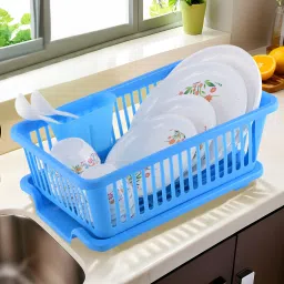 Dish Drainer Kitchen Rack 3-in-1 Plastic Dish Drainer Basket for Kitchen with Draining Tray | Cyan Plastic-13