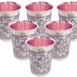 (Pack of 6) Set Of 6 Etching Embossed Design Steel Copper Glass Tumbler Cup, Drinkware Serveware, Health Benefits Ayurveda Yoga Glass Set Water/Juice Glass-image-43