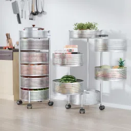 Pack of 2 Kitchen 5+1 Layer Metal Storage Rack with Wheels |Round Shape - Silver Iron Kitchen Trolley-image-20
