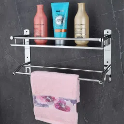 Stainless Steel Single Layer Shelf with Towel Road, Multipurpose Bath Shelf Organizer, Kitchen Shelf / Towel self/Bathroom Shelf / Bathroom Stands and Racks / Bathroom Accessories - Chrome Finish Silver Towel Holder-5